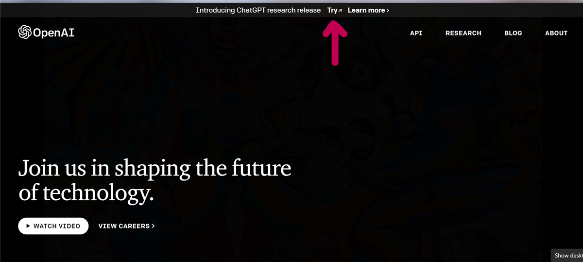 OpenAI home page with a red arrow pointing to the 'Try' link in the banner at the top.