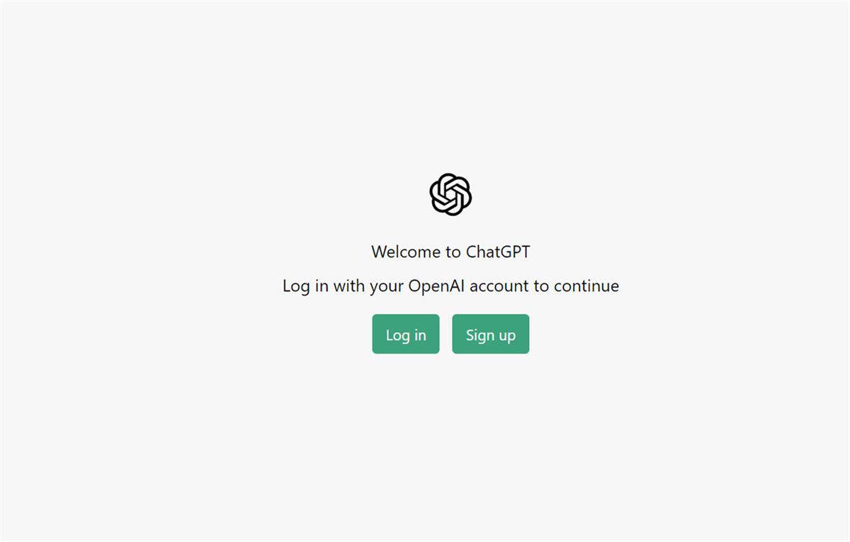 ChatGPT welcome screen with 'Log in' and 'Sign up' buttons.