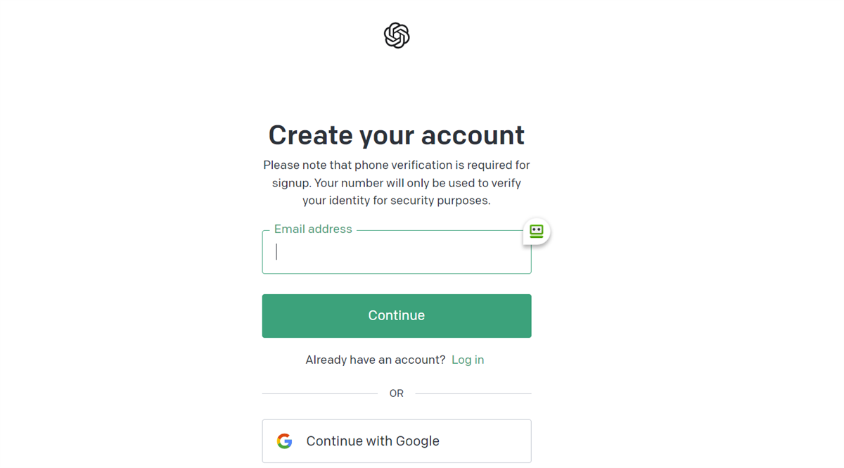ChatGPT 'Create your account' form asking for an email address, with a Continue with Google option.