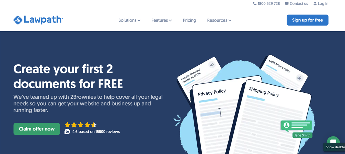 Lawpath offer: create your first 2 legal documents free, including a privacy policy. Click to claim the offer.