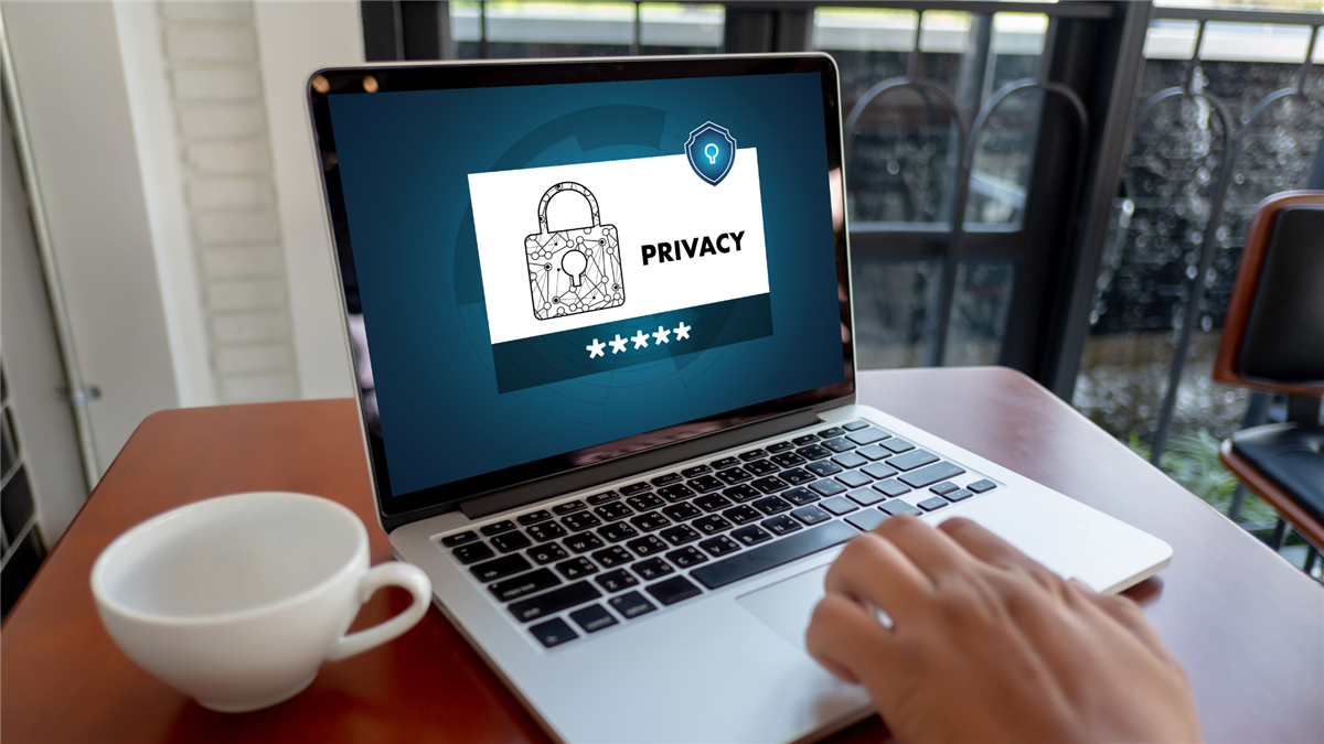 Laptop screen showing a padlock and the word 'Privacy' above password asterisks.