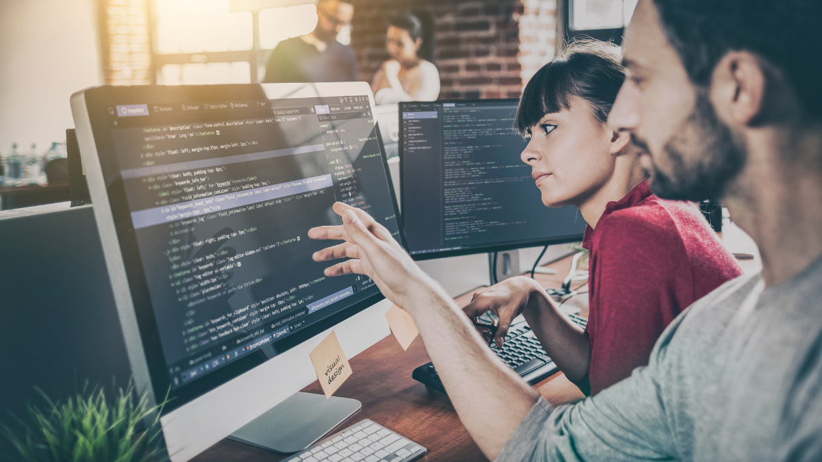 Two web developers discussing code