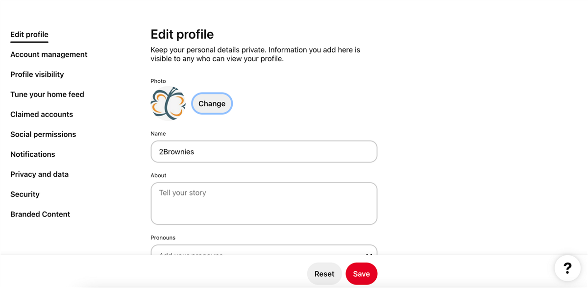 Pinterest for Business Edit Profile Screen