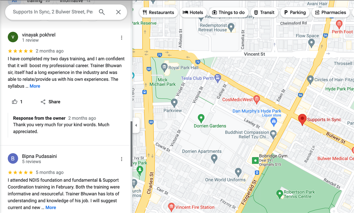 Sample Reviews section on Google Business Profile of NDIS Provider, Supports In Sync