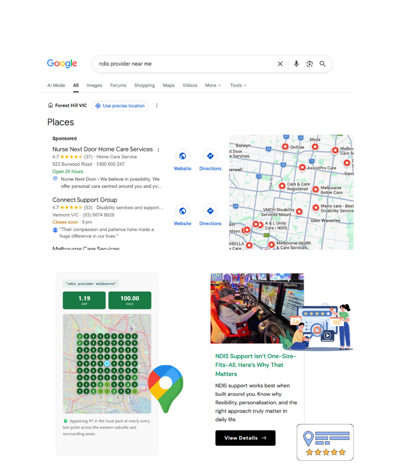 Google search results page with map pins and local business listings