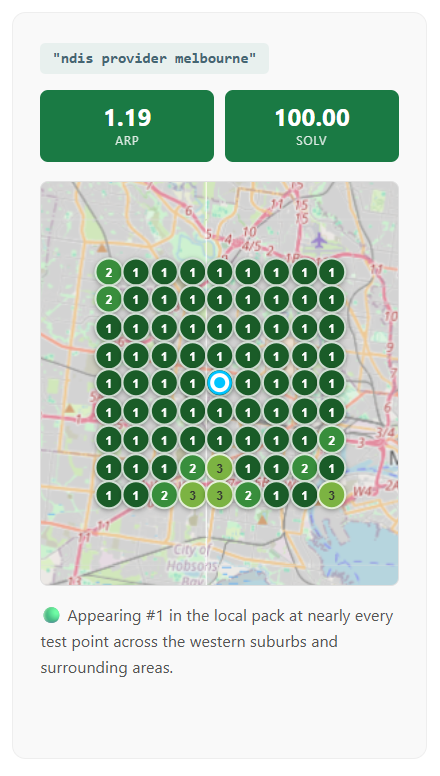 Map grid over Melbourne showing local ranking results for ndis provider melbourne