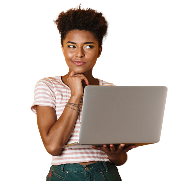 Woman holding a laptop, thinking
