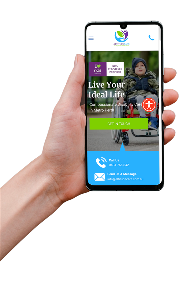 Hand holding a phone showing an NDIS provider website